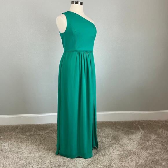 Adrianna Papell One Shoulder Evening Gown Size 16 Green Chiffon Thigh Slit Dress - Picture 4 of 13